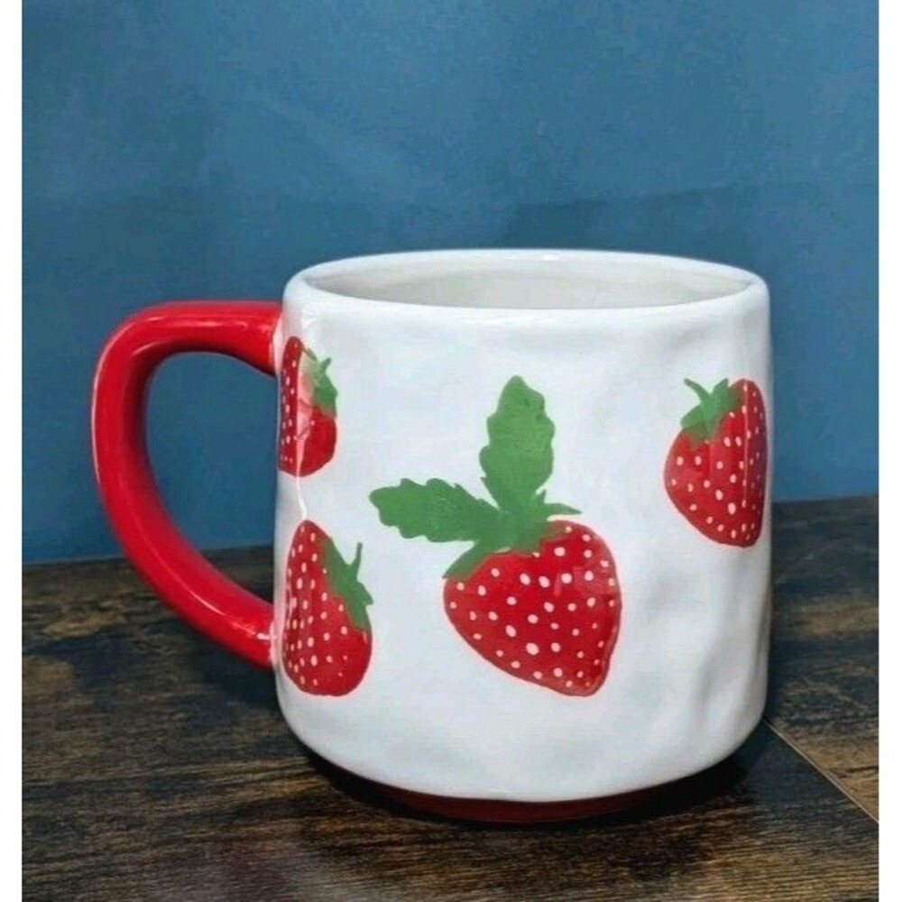 Strawberry Mug Lang Red White Painted Chunky Coffee Tea Cup Cute